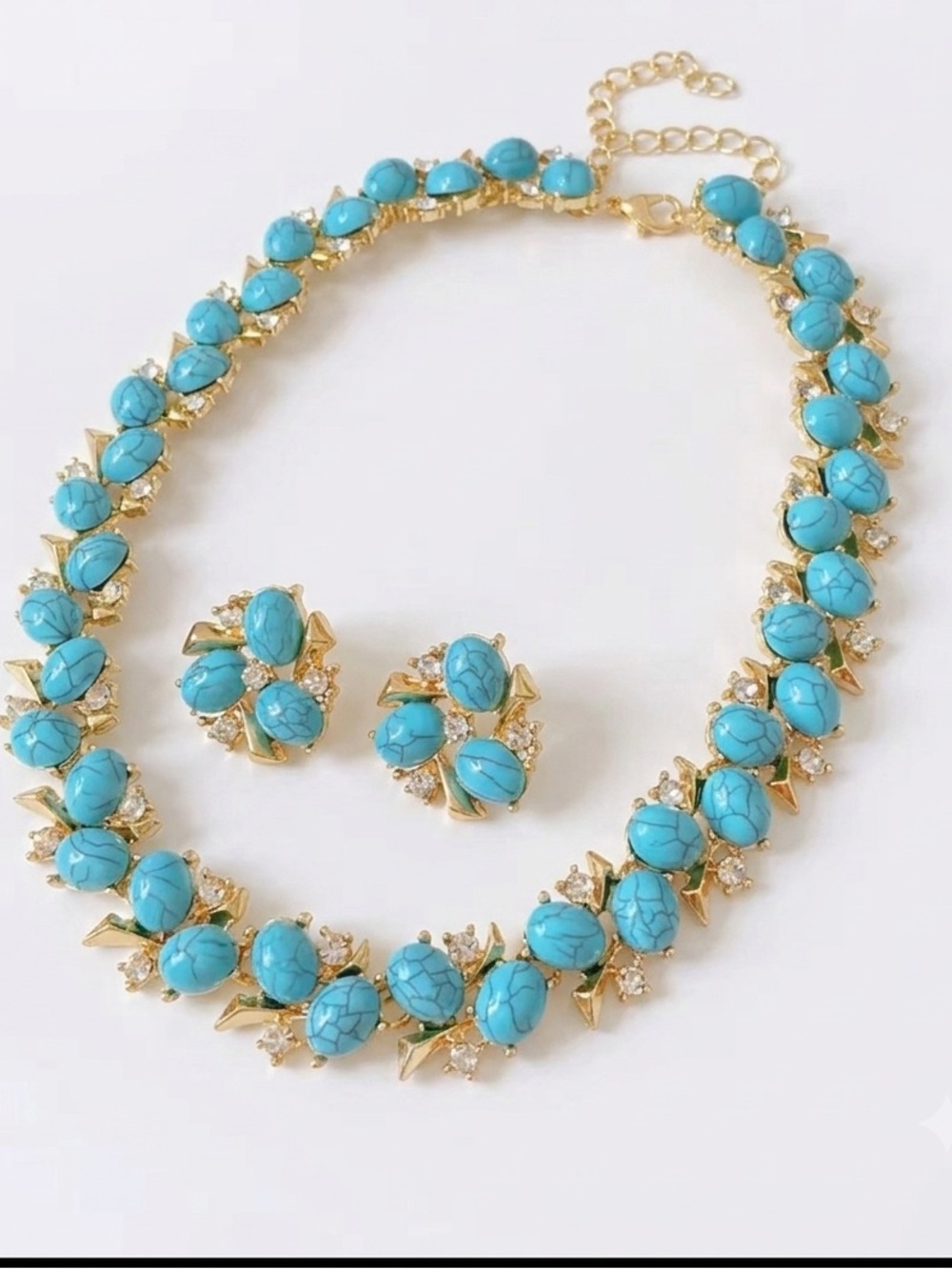 Gold-Plated Turquoise Statement Necklace & Earrings Set